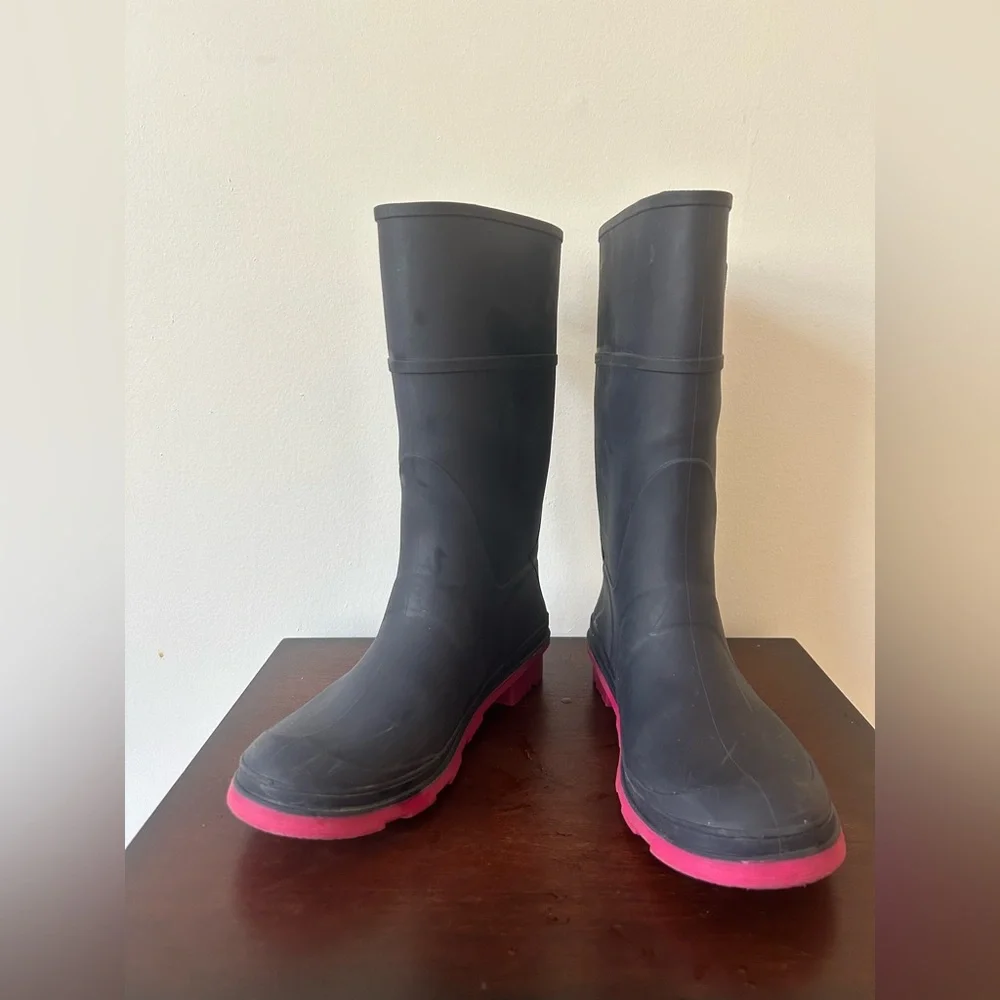 Kamik Big Girls/Womens Sz 5 Matte Navy & Pink Raindrops Waterproof Rain Boots
